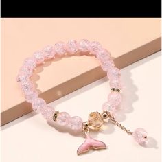 Pink Crackled Glass Bead Bracelet With Dolphin Fin Charm Crackle Beads Bracelet, Dolphin Fin, Silver Pearl Bracelet, Crystal Cuff Bracelet, Plastic Bangles, Glass Bead Bracelet, Sterling Silver Bead Bracelet, Rose Bracelet, Clay Bracelet