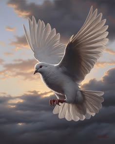 a painting of a white bird flying in the sky