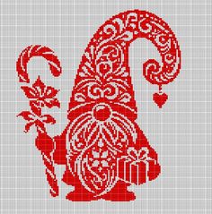 a red and white cross stitch pattern with a gnome holding a candy cane in it's hand