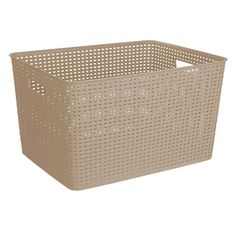 a large plastic basket with holes on the front and sides, in light brown color