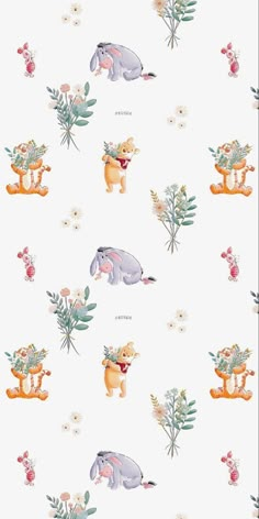 an animal themed wallpaper with flowers and plants