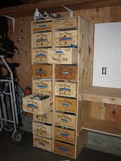 there are many boxes on the shelves in this garage