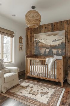 a baby's room with wood paneled walls and a painting on the wall