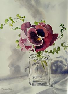 a watercolor painting of flowers in a glass vase on a window sill with green leaves