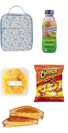 some food and drinks are arranged on a white background, including apples, pineapples, cheetos