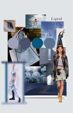 a collage of fashion images with blue and grey colors, including an image of a woman's face