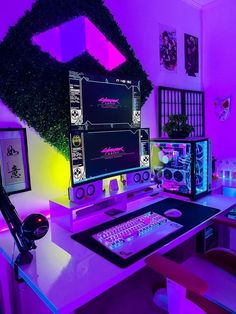 a desk with a computer monitor, keyboard and mouse on it in front of a purple background