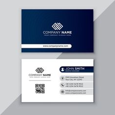 a business card with a blue and white color scheme on the front, side and back