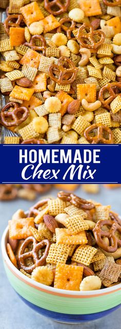 homemade chex mix in a bowl with pretzels and pretzels on top