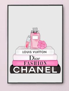 a pink and white poster with perfume bottles on top of books that says, louis vuitton dior fashion channel chanel