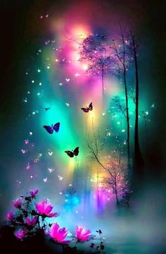 colorful butterflies flying in the sky above flowers and trees with light coming from behind them