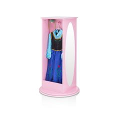 a pink toy wardrobe with a blue dress on it's hanger and mirror