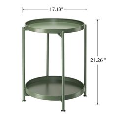 the side table is shown with measurements for each section and has a round metal base