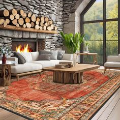 a living room filled with furniture and a fire place in front of a stone wall