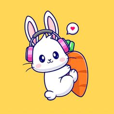 a cartoon bunny with headphones on and holding a carrot in front of its ear