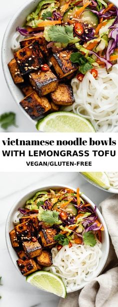 two bowls filled with vegetables and tofu on top of each other, one bowl has noodles