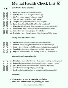 This simple mental health checklist ensures you care for yourself daily, weekly, and monthly. Check your sleep, hydration, eating, exercise, sunlight, social connections, relaxation, mindfulness, stress, and gratitude daily. Weekly, focus on routines, hobbies, goals, boundaries, and seeking help. Monthly, reflect on progress, maintain support systems, schedule self-care, learn new things, and check in with a therapist if needed. Things To Do Daily Weekly Monthly, Daily Routine Schedule Mental Health, Daily Weekly Monthly Routine, Daily Mental Check In, Daily Check In For Mental Health, Mental Health Care Routine, Healing Checklist, Daily Check In, How To Journal For Mental Health