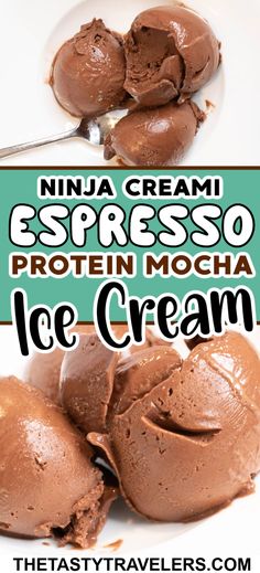 chocolate ice cream is on a plate with spoons in it and the words, espresso protein mocha ice cream