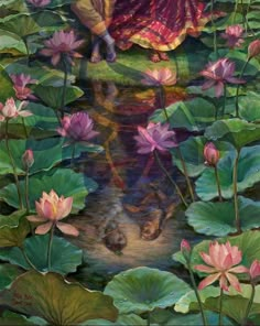 a painting of a woman standing in the water surrounded by lily pads and pink flowers