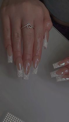 Square Bridal Nails, Glitter Nails French, White Sparkle Nails, Sparkly Acrylic Nails, Matte Nails Glitter, Nail Art Paillette, Glitter French Nails, Prom Nails Silver