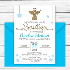 a blue and gold baby shower with an angel on the front, in spanish language