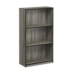 a wooden bookcase with three shelves on each side and one door open to reveal the bottom