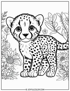 a cheetah cub in the wild surrounded by flowers and plants coloring page for kids