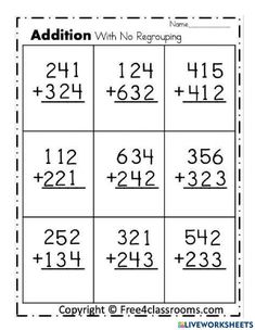 the addition with no regroup worksheet for students to practice numbers and place value