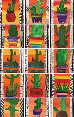 many different kinds of cactuses painted on paper