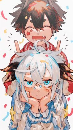 two anime characters one with blue eyes and the other with white hair, are standing next to each other