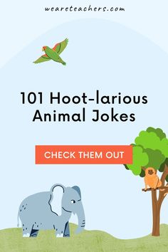 an elephant standing next to a tree with the words 1011 hot - larous animal jokes check them out