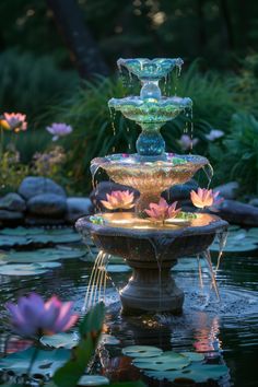 a fountain with water lilies in the pond