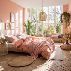 a bedroom with pink walls and flooring, large windows, wicker basket on the bed