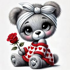 a drawing of a teddy bear holding a rose