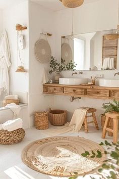 a bathroom with white walls and natural wood accents, including wicker baskets on the floor