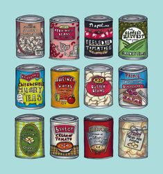 a bunch of canned food items on a blue background