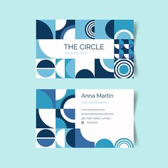 the circle business card with blue and white circles on it, against a light blue background