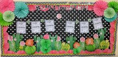 a bulletin board is decorated with paper flowers and cactuses for the teacher's classroom