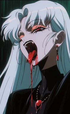 a woman with white hair and blue eyes is holding her mouth open in the rain