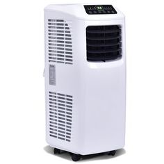 an air conditioner sitting on top of a white table