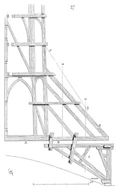 an architectural drawing shows the structure of a wooden structure, with three levels and four sections