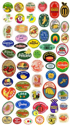 many different types of stickers are shown in this image, including fruit and vegetable labels