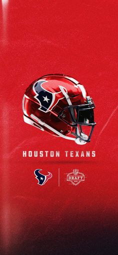 the houston texans helmet is shown on a red background with other sports related items around it