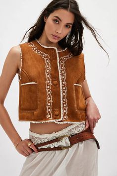 Travelers Suede Vest | Free People Brown Free People Vest, Tan Western Vest, Womens Vest Fall, Womens Fall Vests, Vest Free People, Woven Leather Vest, Alpaca Wool Vest, Pendelton Vest, Faux Suede Vest