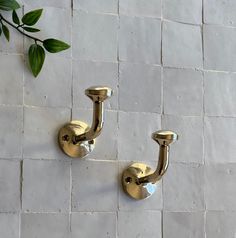 two metal hooks on the side of a white tile wall next to a green plant