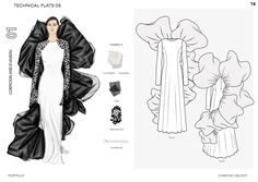 a paper doll is shown with black and white clothing on it's side, and an image of a woman in a long dress