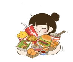 a girl is eating food with her face covered by the hamburger and french fries in front of her