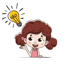 a girl is thinking about an idea with a lightbulb above her head on white background