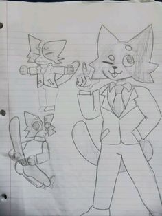 a drawing of two cats in suits and one is holding a skateboard while another cat stands behind them