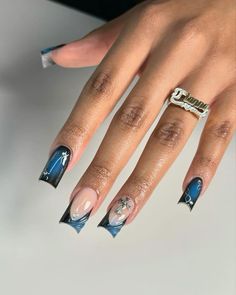 Black And Blue French Nails, Blue Unique Nails, Short Blue Acrylic Nails Designs, Black And Blue French Tip Nails, Azure Blue Nails, Blue White And Black Nails, Blue Acrylic Nails French Tip, Blue And Gold Nails Short, Blue Inspired Nails